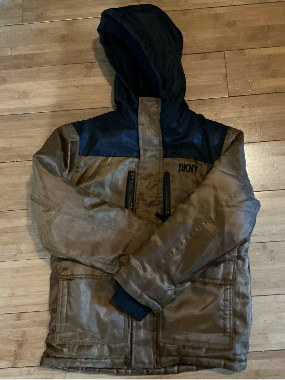 DKNY Boys Heavyweight Winter Parka Coat Brown Black Fleece Hooded Jacket M 10/12
